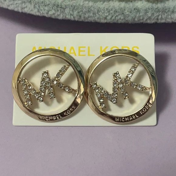 Michael Kors Gold Logo Stud Earrings with Round Diamonds - Picture 1 of 10